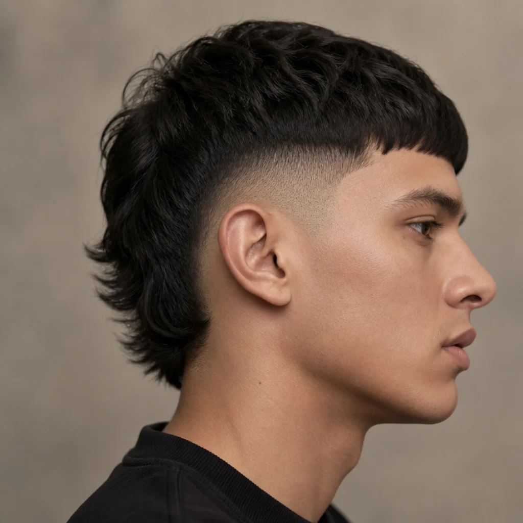 Side view of a burst fade edgar with the fade arcing in a rounded curve around the ear and length kept at the nape