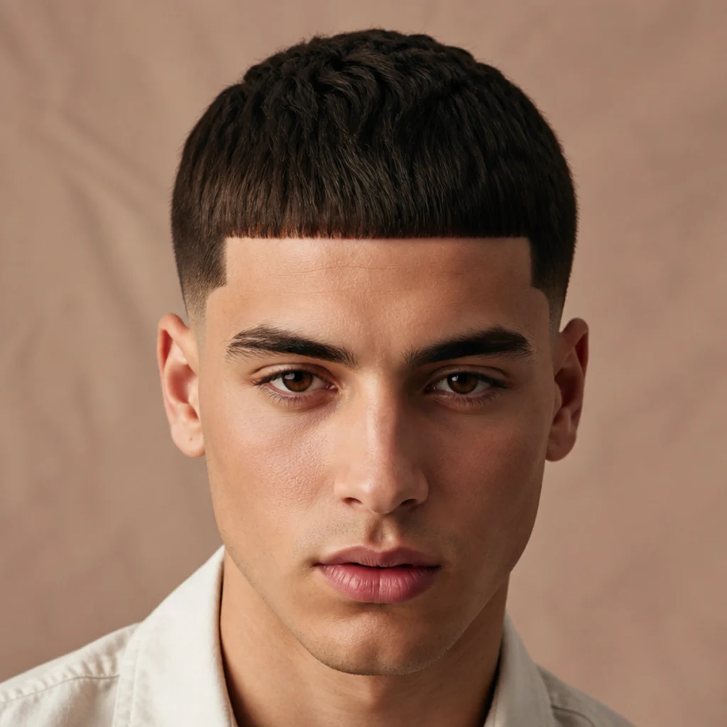 Close front view of an edgar cut with a crisp squared line-up defining the hairline along the forehead and temples
