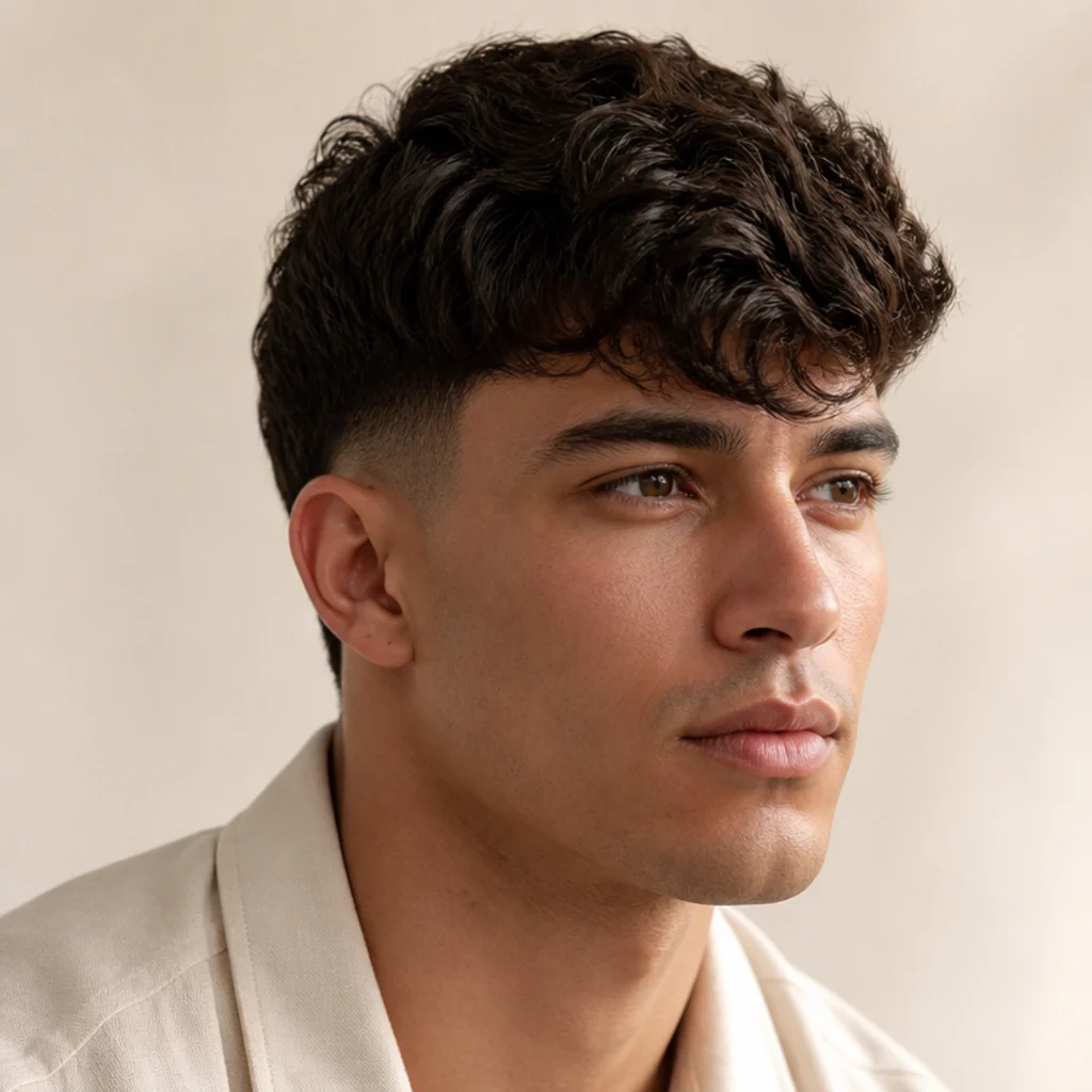 Three-quarter view of a wavy textured edgar with soft S-shaped waves moving through the forward-swept fringe