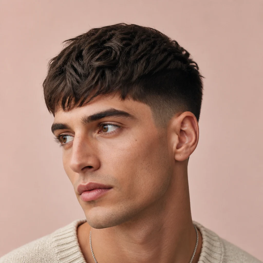 Three-quarter view of a balanced edgar cut on an oval face with a medium fringe and an even mid fade