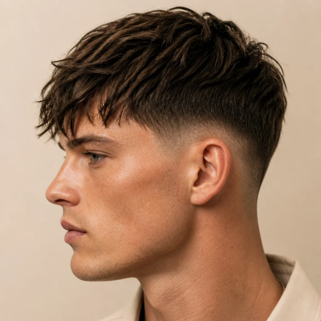Side profile of a softly textured edgar on a square face designed to ease a strong, defined jaw