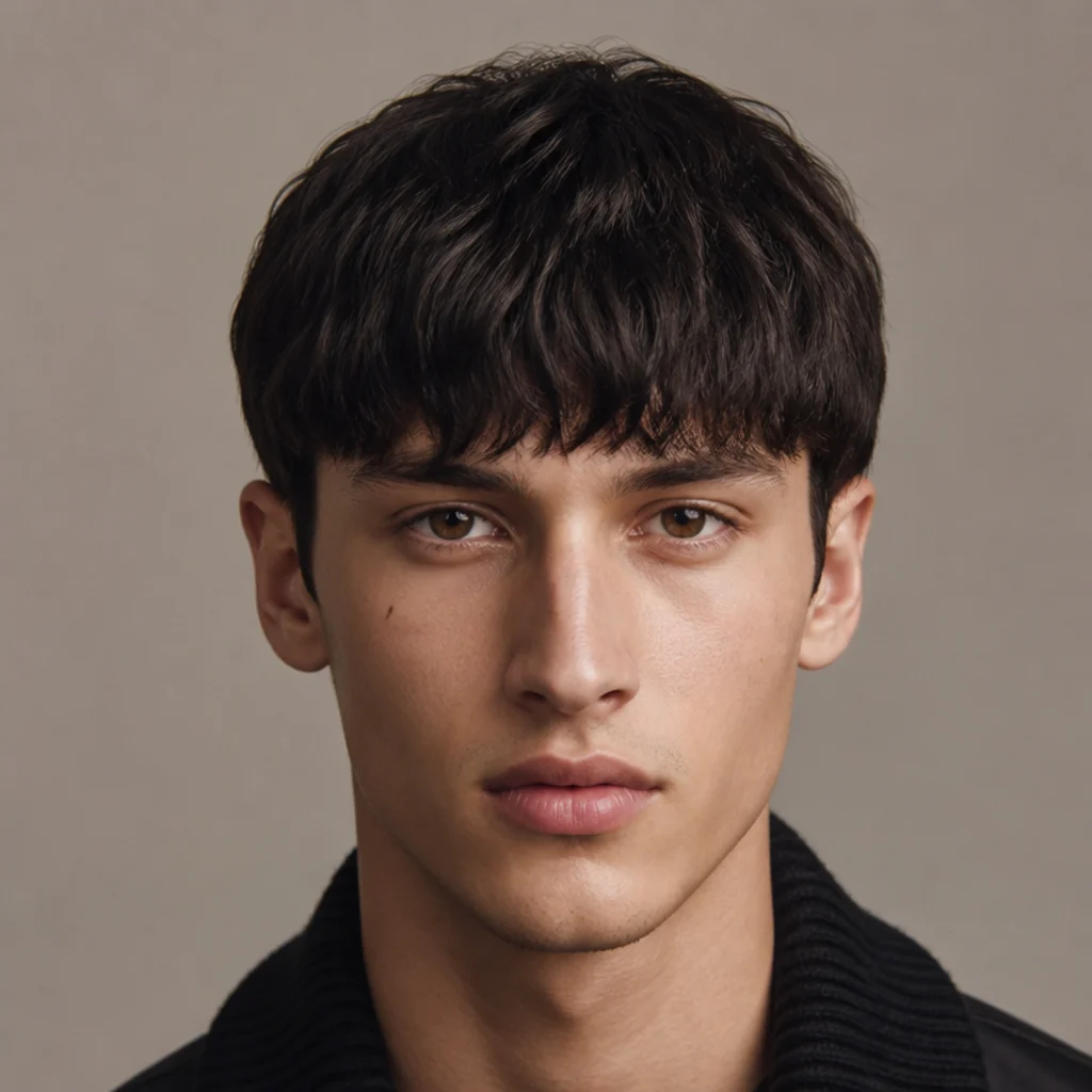 Front view of a fuller, lower-sitting edgar fringe with side weight that visually shortens an oblong face