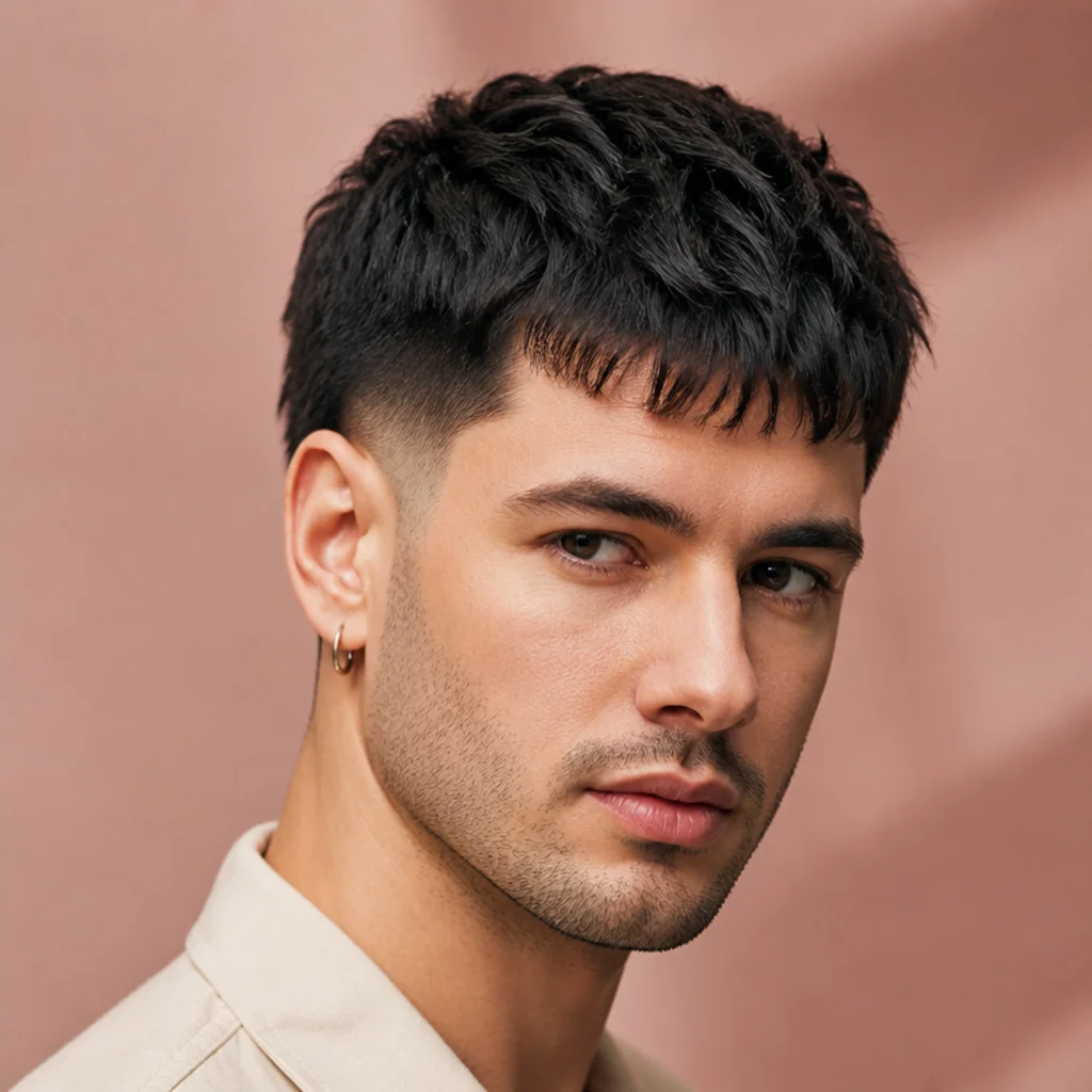 Three-quarter view of an edgar cut with medium volume balancing a wider forehead against a narrower chin