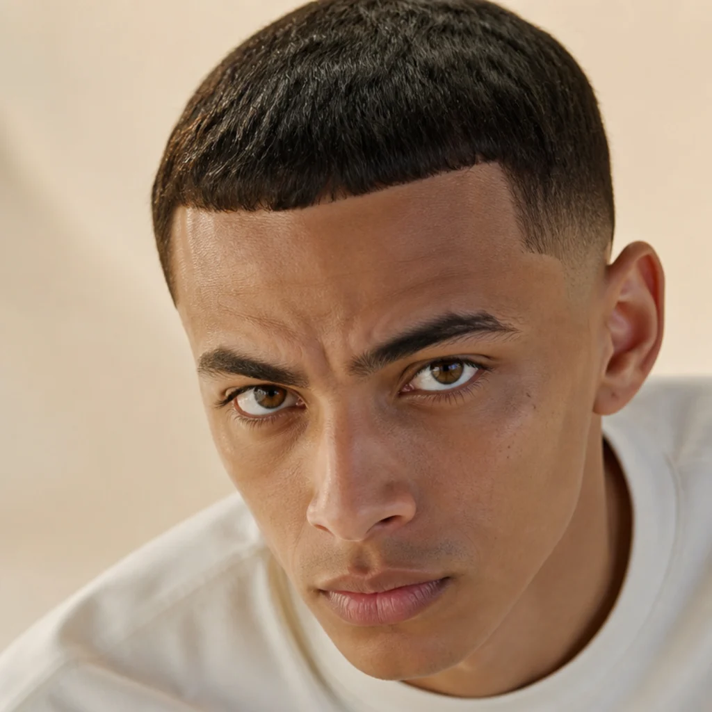 Overhead front view of a very short crop edgar with a compact blunt fringe sitting high and close to the hairline