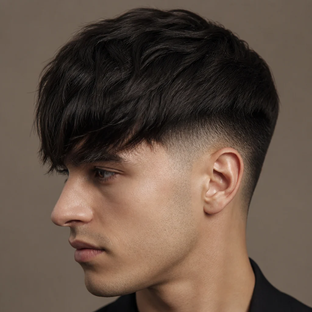 Side view of a longer fringe edgar where the front sweeps down to rest just past the eyebrows