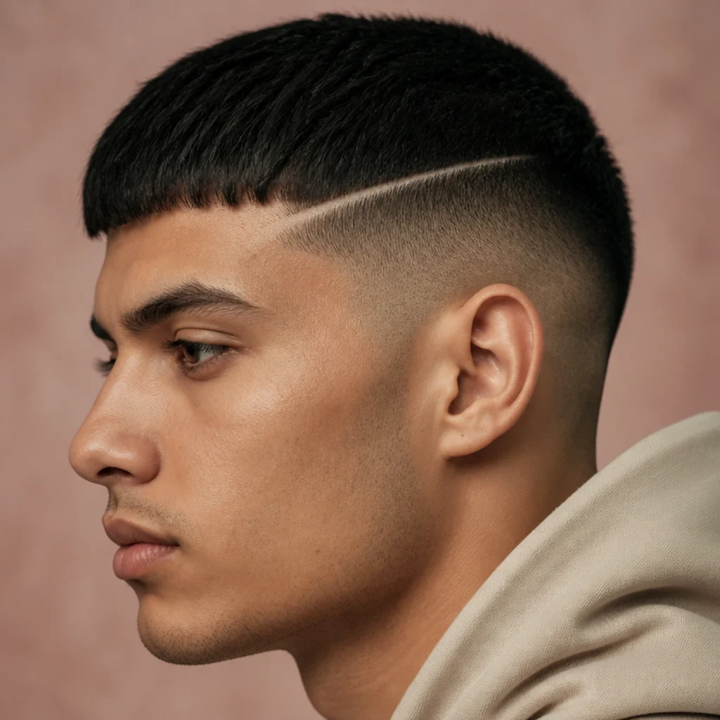 Close side view of an edgar cut with a razored hard part line carved cleanly into the fade