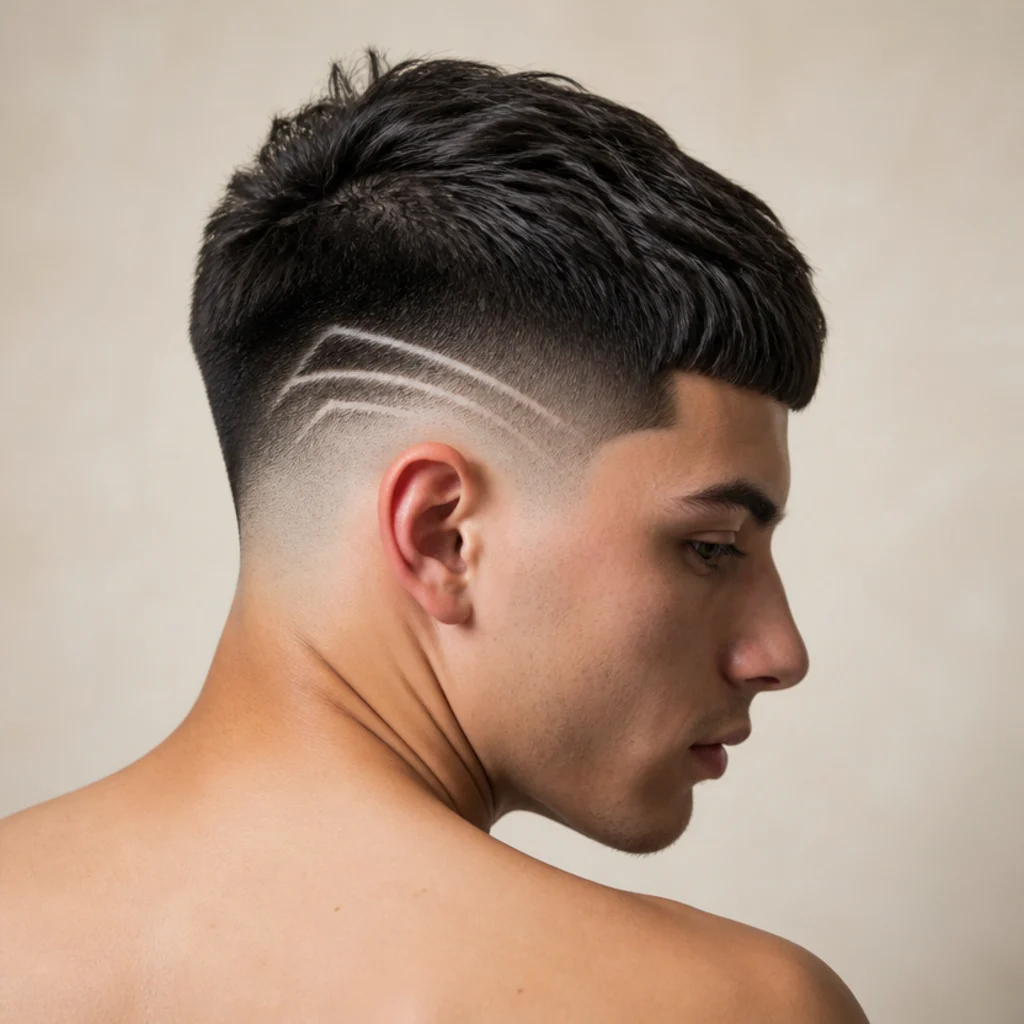 Back view of an edgar fade with crisp geometric design lines shaved into the side panel