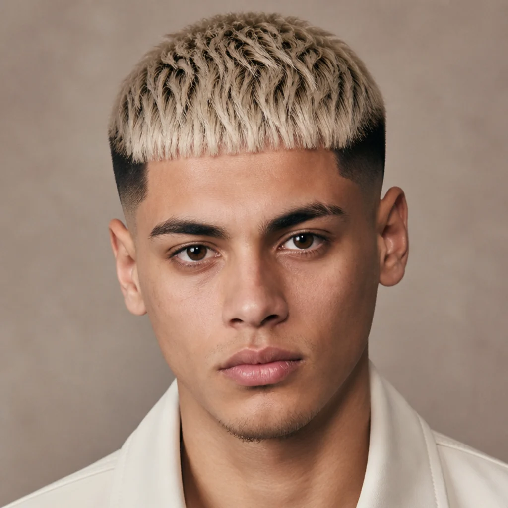 Front view of an edgar cut with dark faded sides and a contrasting lighter dyed top block