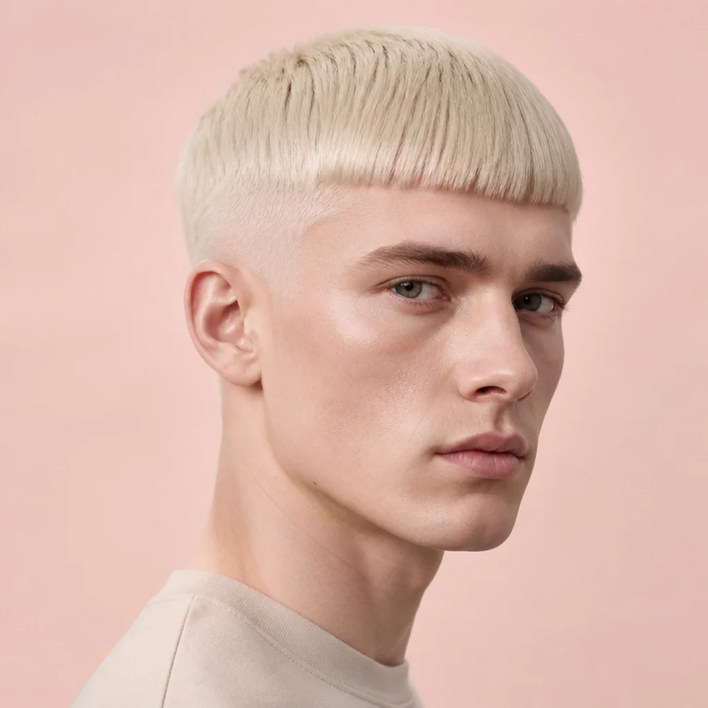 Three-quarter view of a fully platinum blonde edgar cut with a bright, level blunt fringe