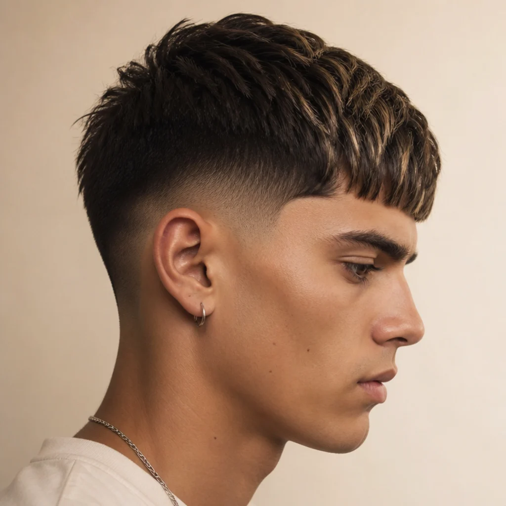 Side view of an edgar cut with subtle face-framing highlights woven through the top layers