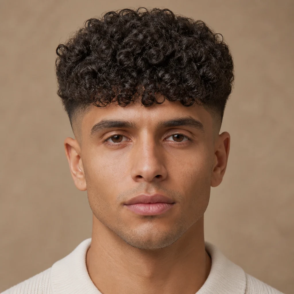 Front view of a curly fringe edgar where tight, defined coils form a rounded forward-facing front