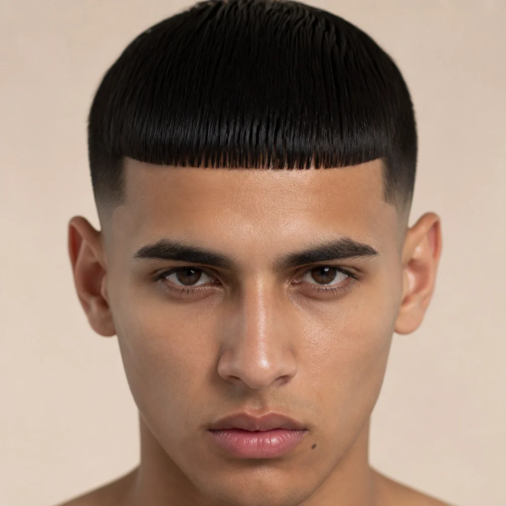 Close front view of a sleek straight edgar with a glossy, perfectly smooth and level blunt fringe