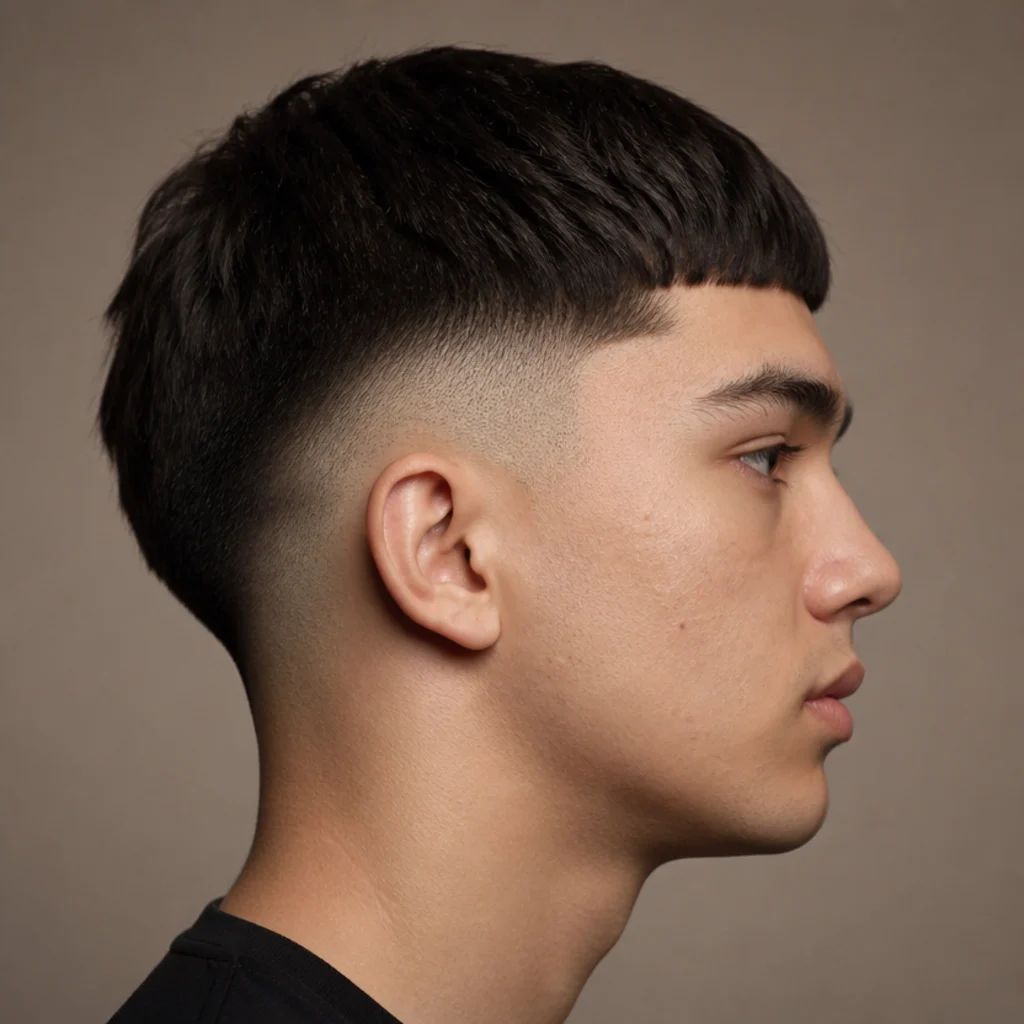 Side profile of a drop fade edgar where the faded section curves downward behind the ear