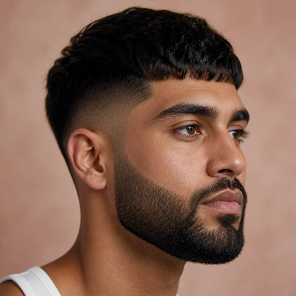 Three-quarter view of an edgar cut where the side fade connects seamlessly into a groomed, faded beard