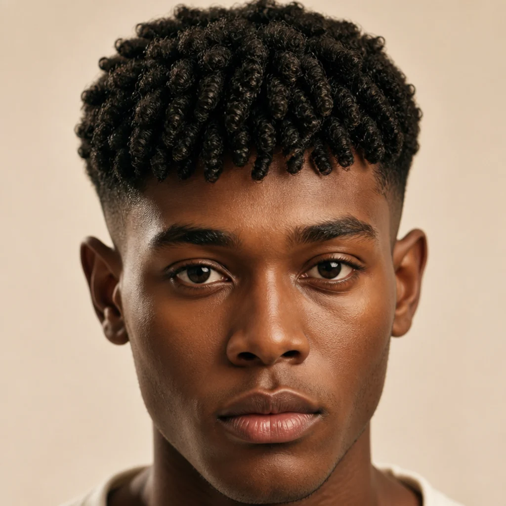Front view of an edgar cut on coily hair with a dense, sponge-defined forward fringe over a clean fade