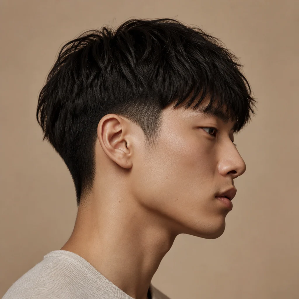 Side view of a soft, grown-out-friendly edgar with a natural taper and a forgiving textured fringe