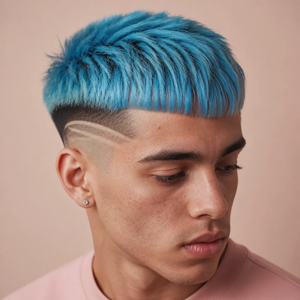 Dramatic three-quarter view of a bold statement edgar combining a high fade, design lines, and vivid color