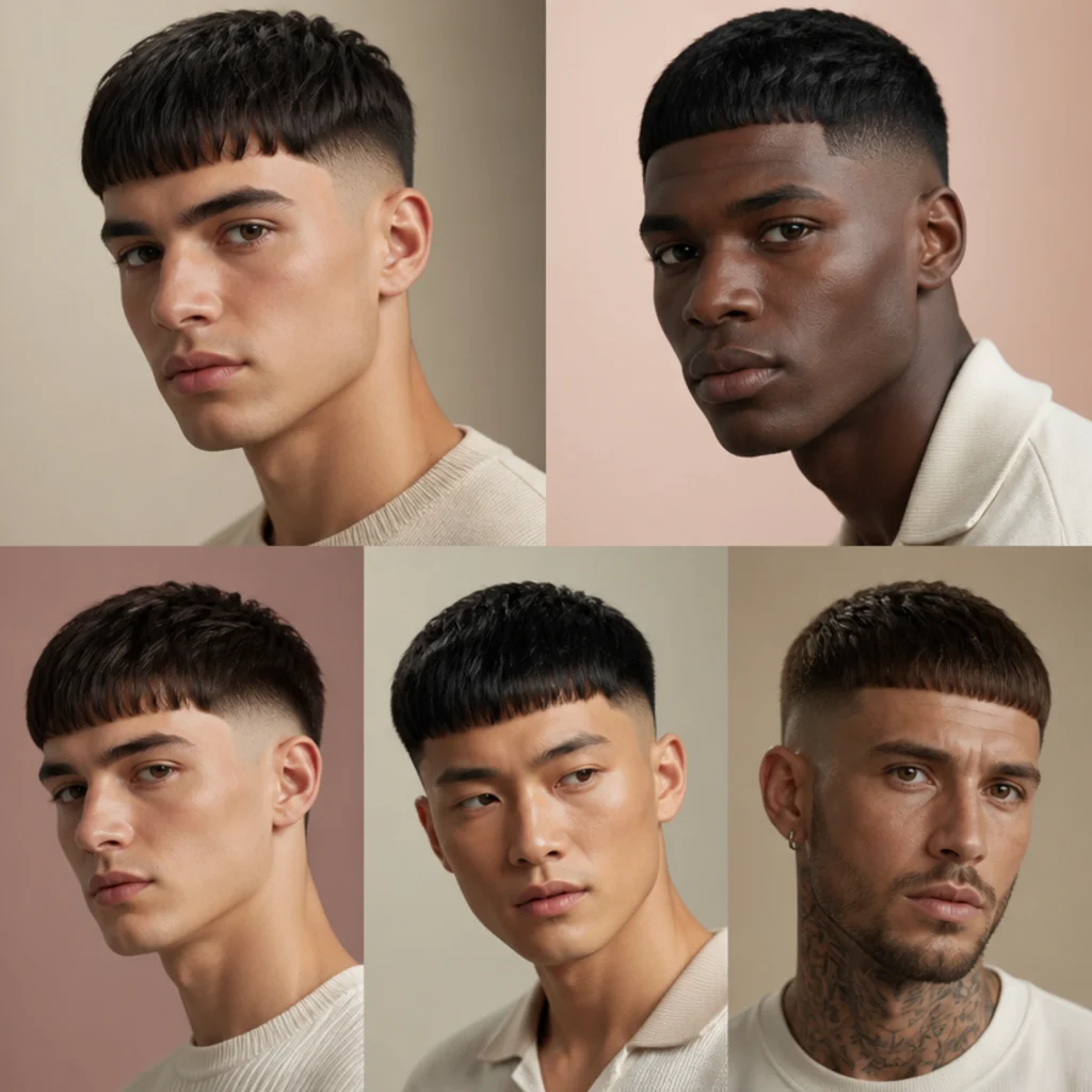 Studio portrait grid of five models showing cool edgar cut variations styled for different face shapes