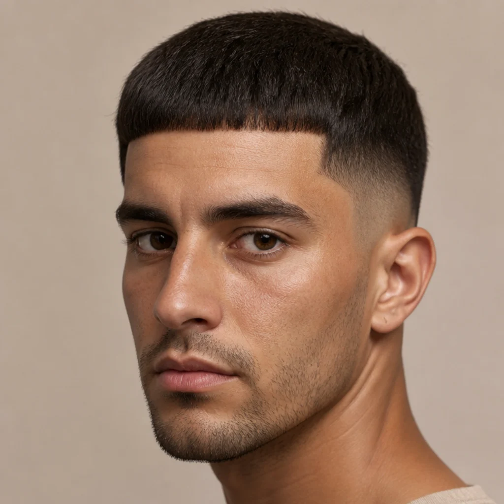 Front-three-quarter view of a straight blunt edgar fringe cut in a clean horizontal line with short faded sides on a taupe backdrop