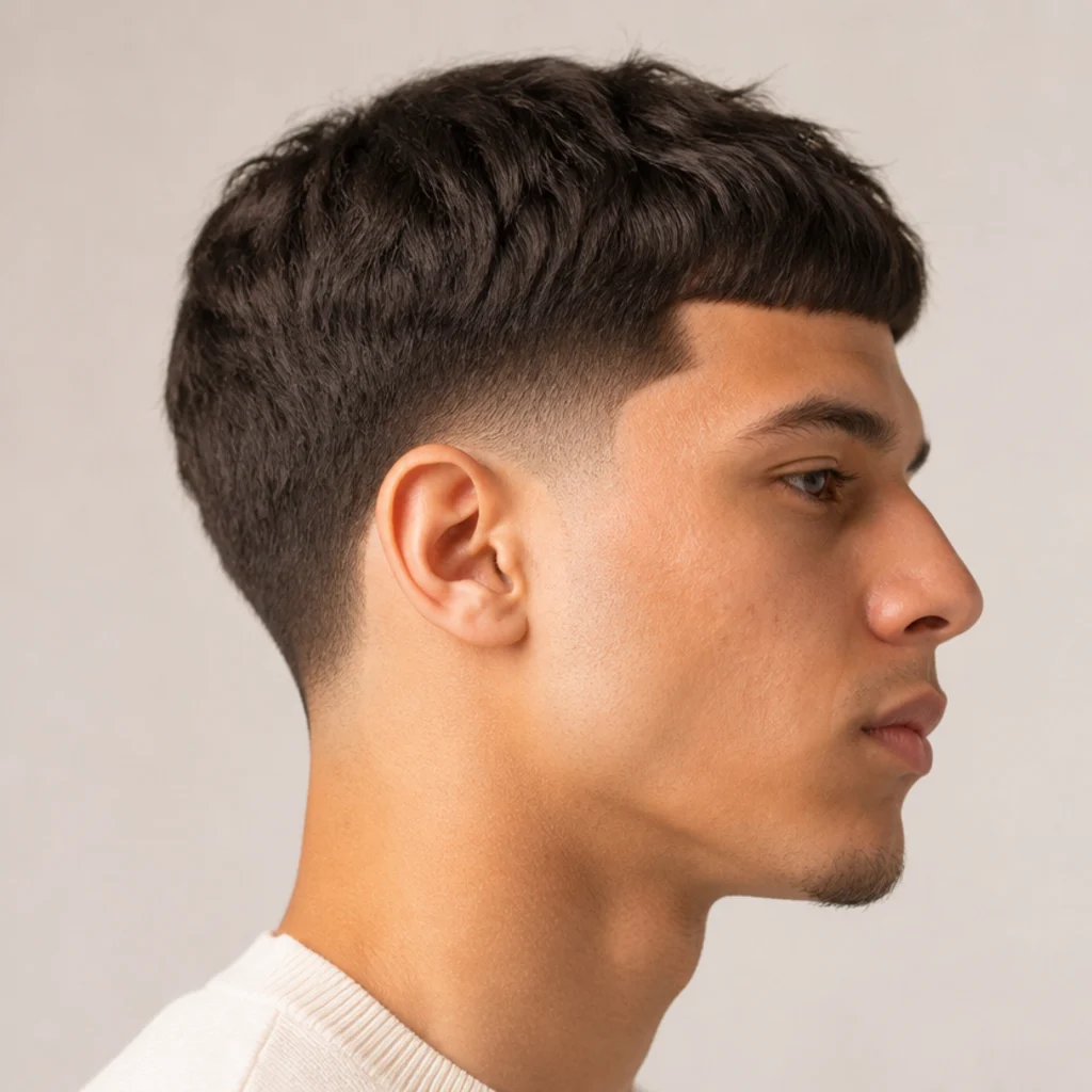 Side profile of an edgar cut with a low taper fade curving cleanly around the ear and neckline on a soft ivory background