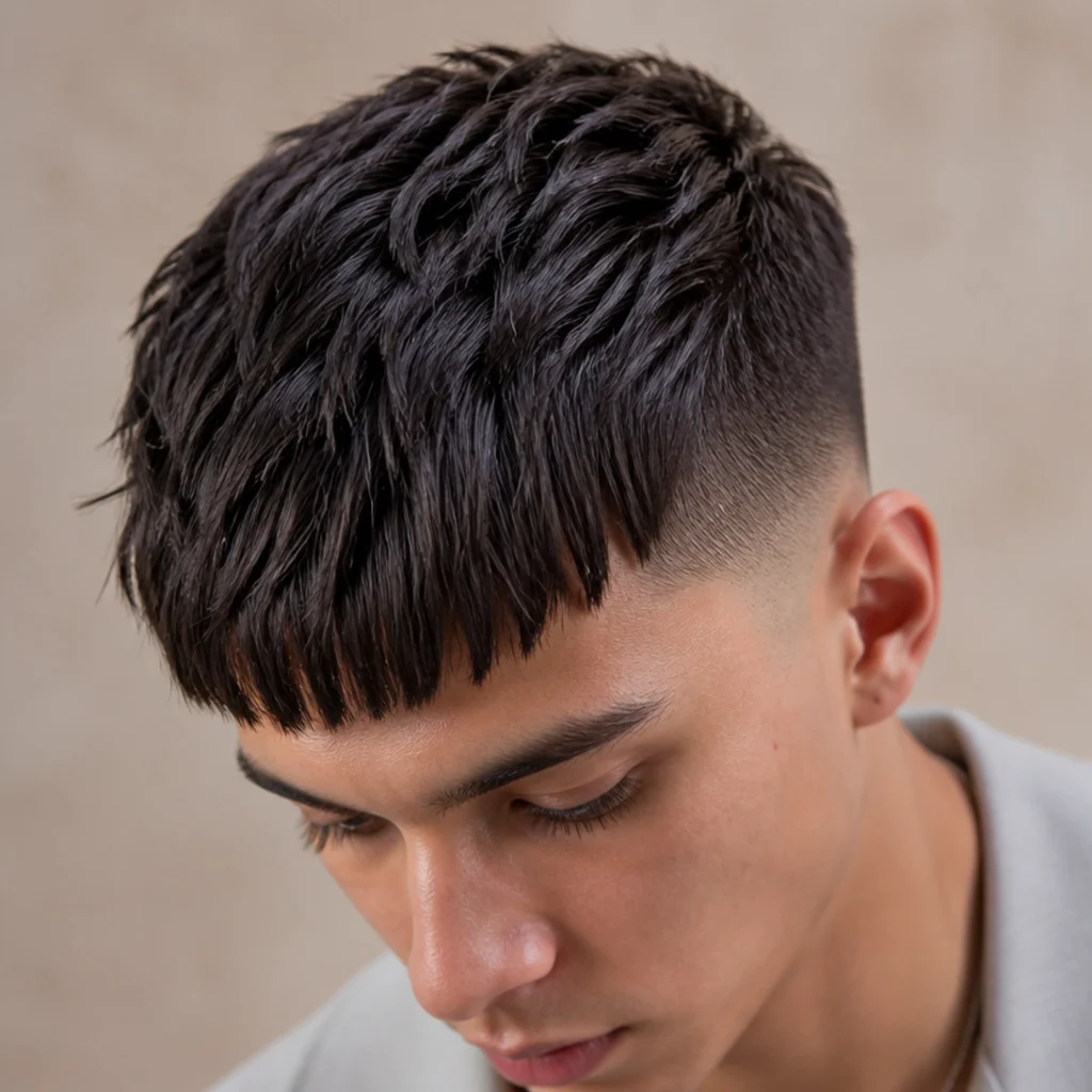 Overhead-angled view of an edgar cut straight hair styled with piecey texture across the blunt fringe on a warm neutral backdrop