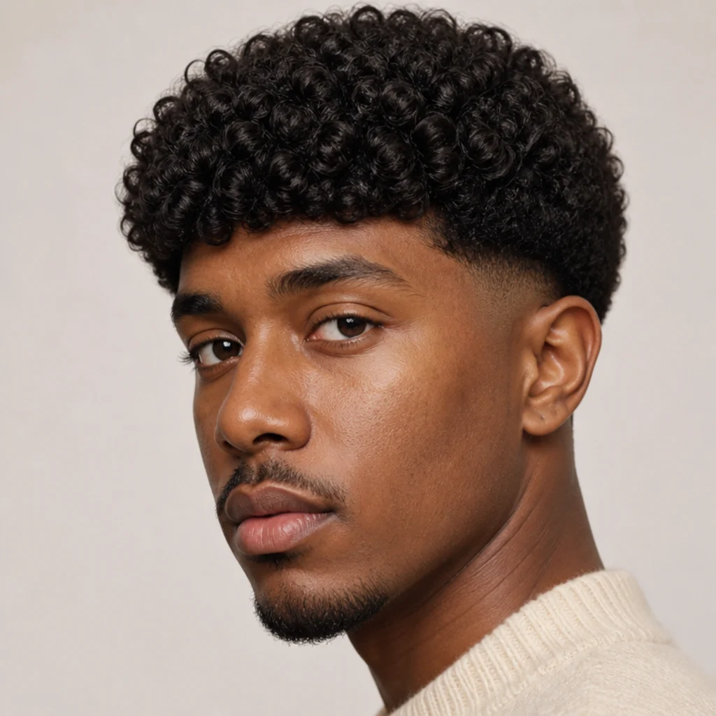 Three-quarter portrait of a curly edgar cut with defined coils shaped into a rounded fringe above faded sides on an ivory background