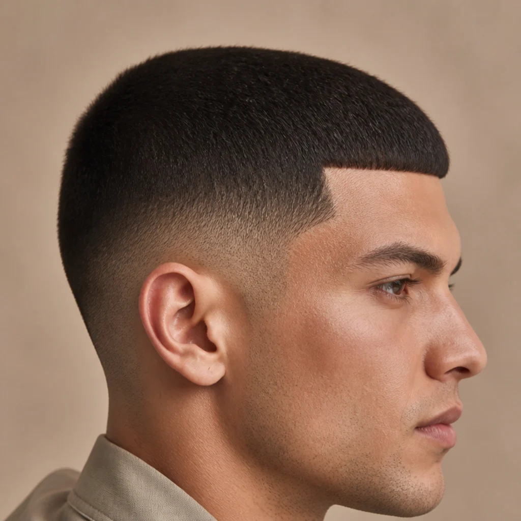 Close side view of an edgar buzz cut with uniform short top and a crisp blunt front line on a taupe studio background