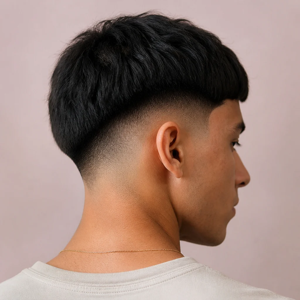 Back-three-quarter view of an edgar cut with a mid drop fade arcing down behind the ear on a soft blush-neutral background