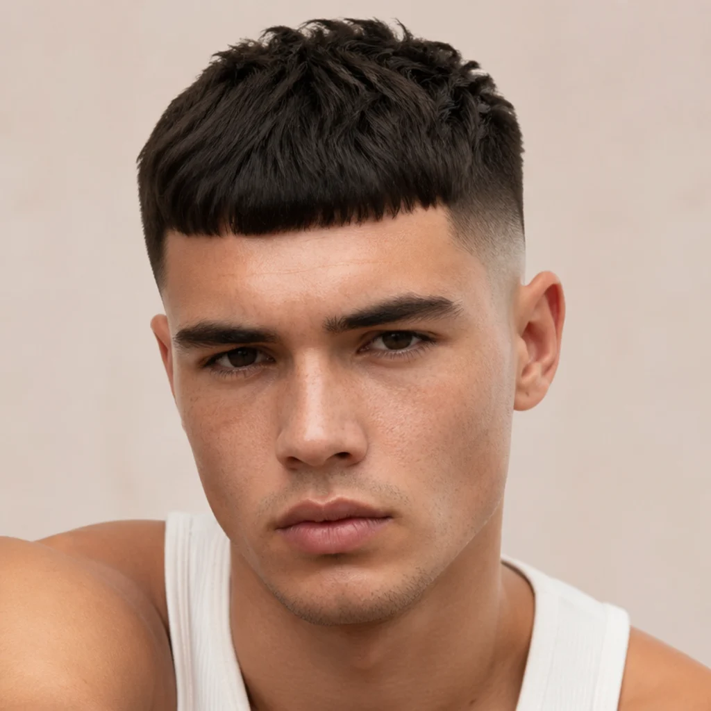 Front view of an edgar short cut with cropped top length and a tight blunt fringe over a high fade on an ivory backdrop