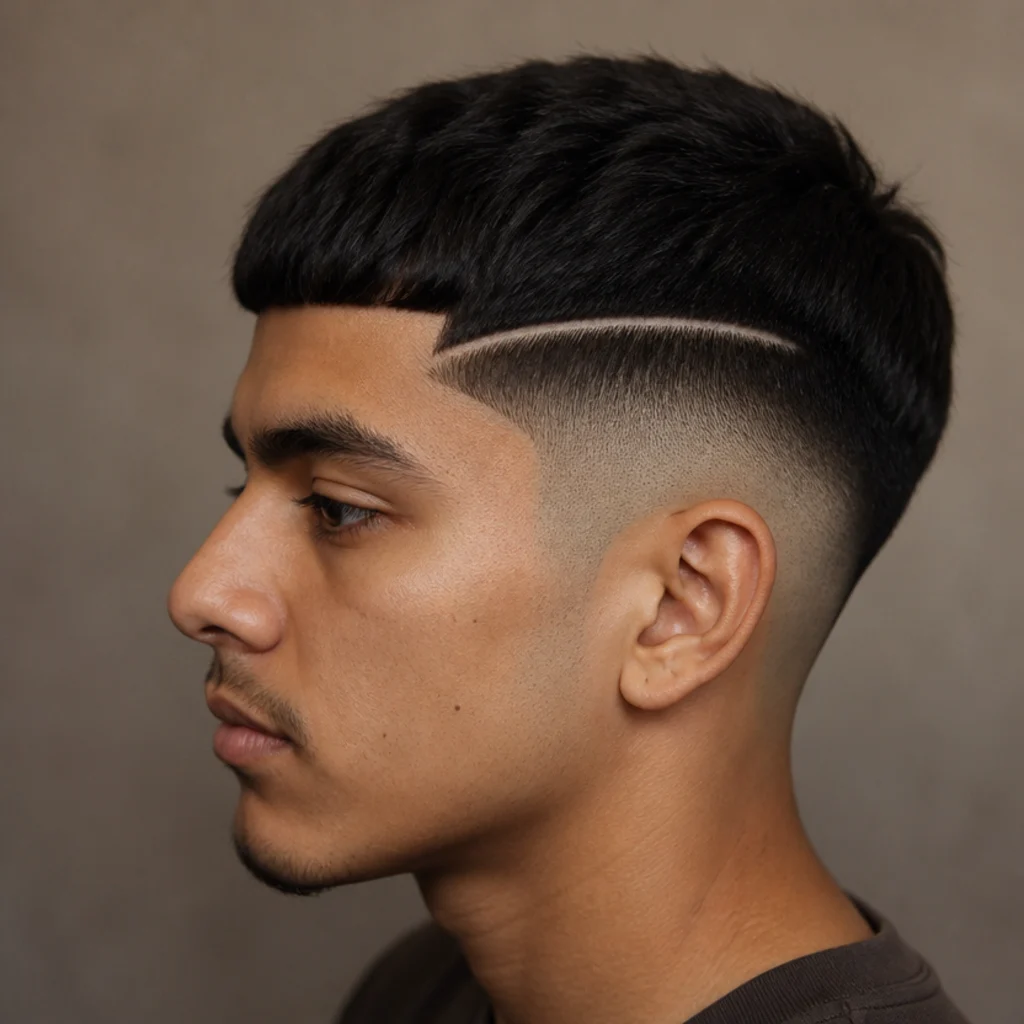Side profile of an edgar cut with a razor hard part line etched above a clean fade and sharp fringe on a warm taupe background