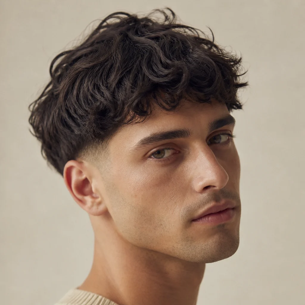 Three-quarter portrait of a wavy edgar cut styled loose and tousled above a low fade on a soft ivory background