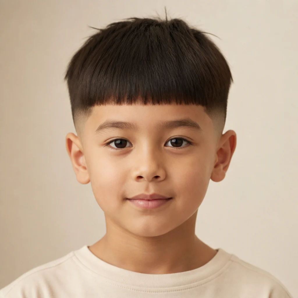 Front view of a young boy with a neat edgar cut, straight fringe and short tidy sides, on a warm neutral backdrop