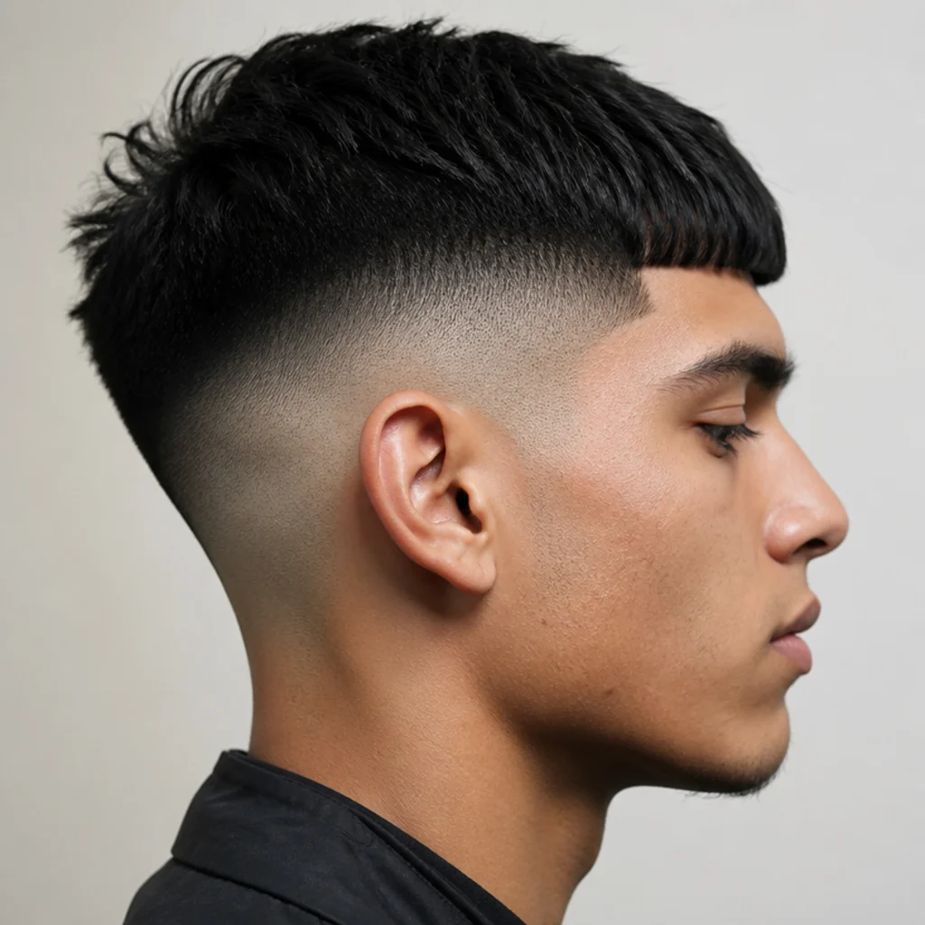 Side profile of an edgar cut with a high skin fade dropping to bare skin below a dense textured top on an ivory background