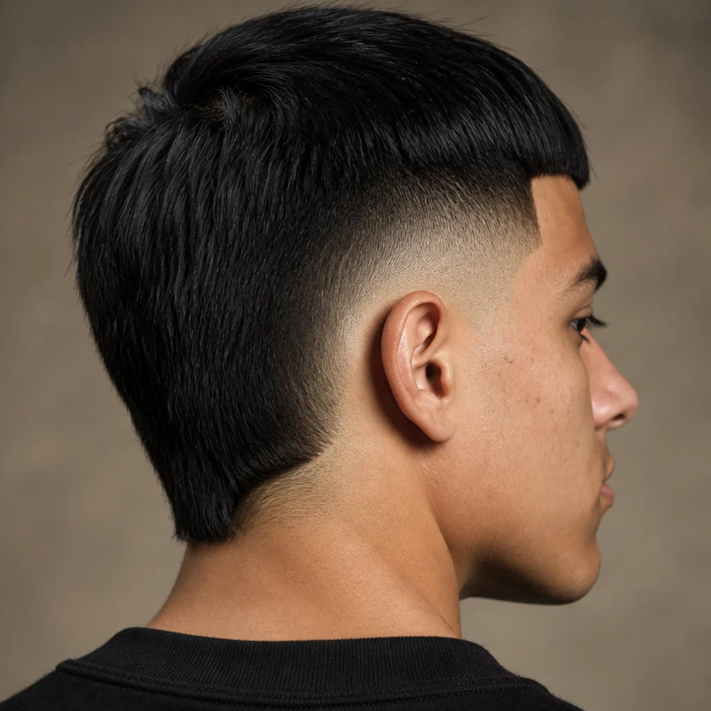 Back-three-quarter view of an edgar cut with a burst fade radiating around the ear and a tapered nape on a taupe background