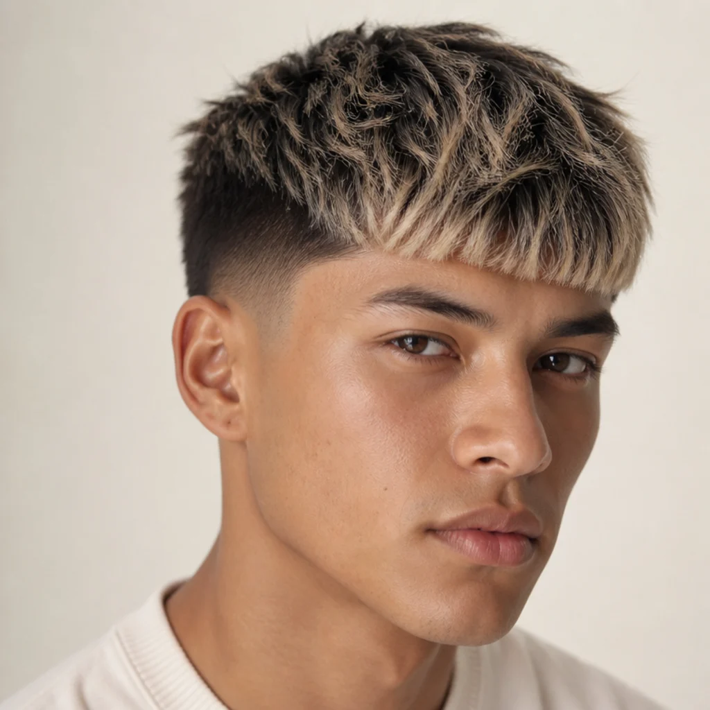 Front three-quarter view of an edgar cut with dark roots and frosted blonde tips across a textured fringe on an ivory backdrop