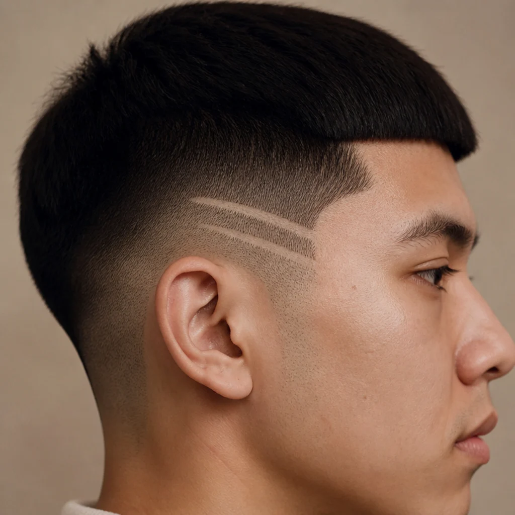 Close side view of an edgar cut with two etched parallel design lines in the fade beside a blunt fringe on a warm taupe background
