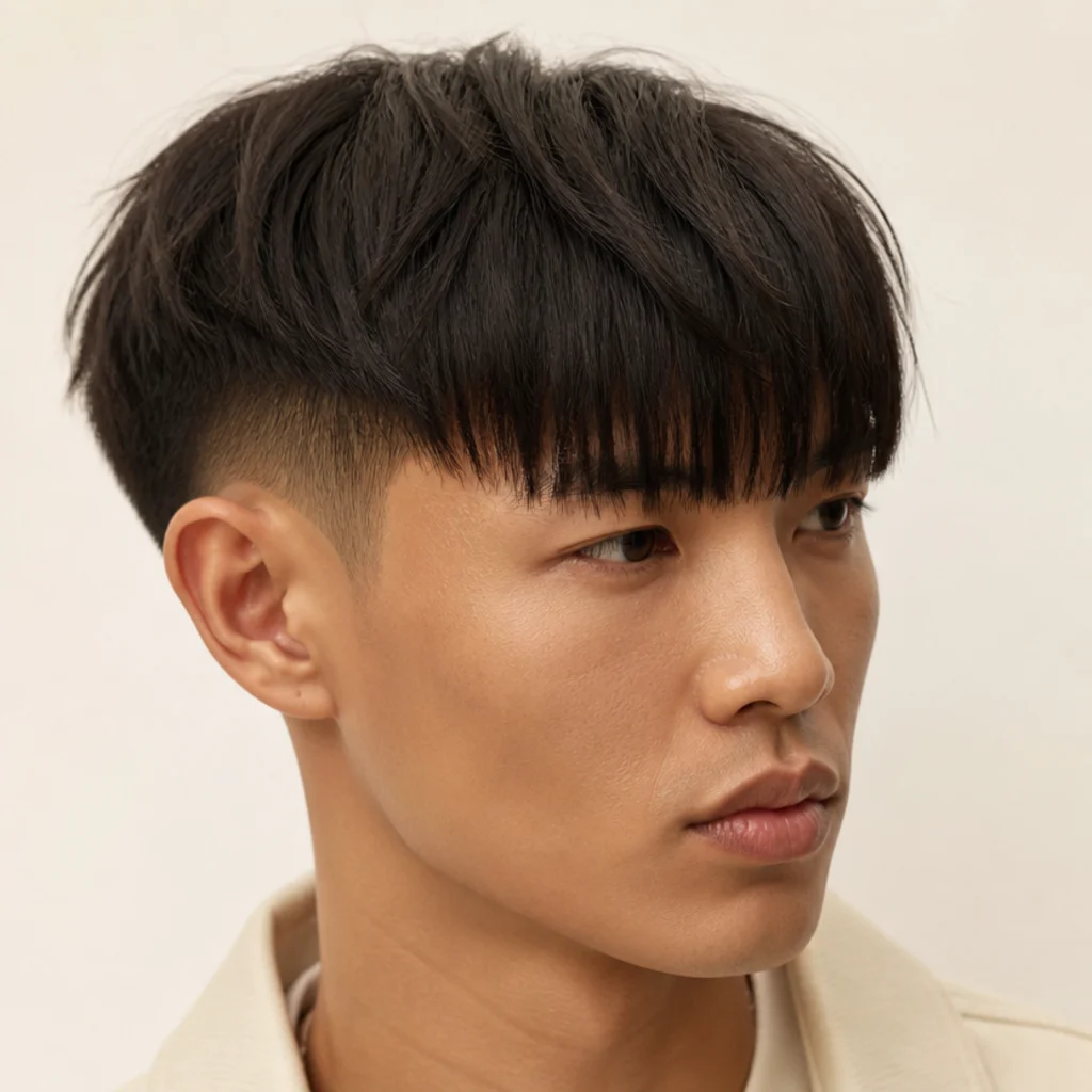 Three-quarter portrait of an edgar cut with an elongated blunt fringe reaching the brows above a low fade on an ivory background
