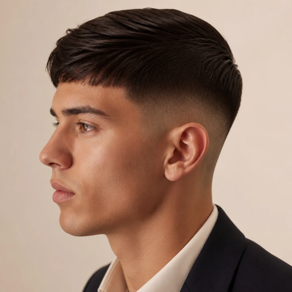 Side profile of an edgar cut styled as a comb-over with the top swept to one side above a mid fade on a soft ivory backdrop