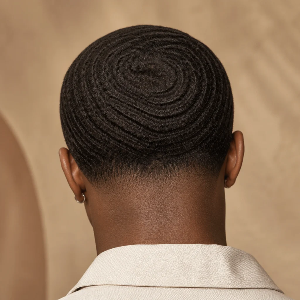 Back view of an edgar cut showing 360 wave pattern across a short top above a clean taper on a warm neutral background