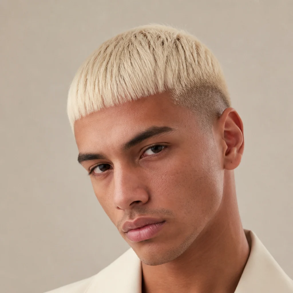 Front three-quarter portrait of a fully bleached blonde edgar cut with a blunt fringe over a low fade on an ivory background
