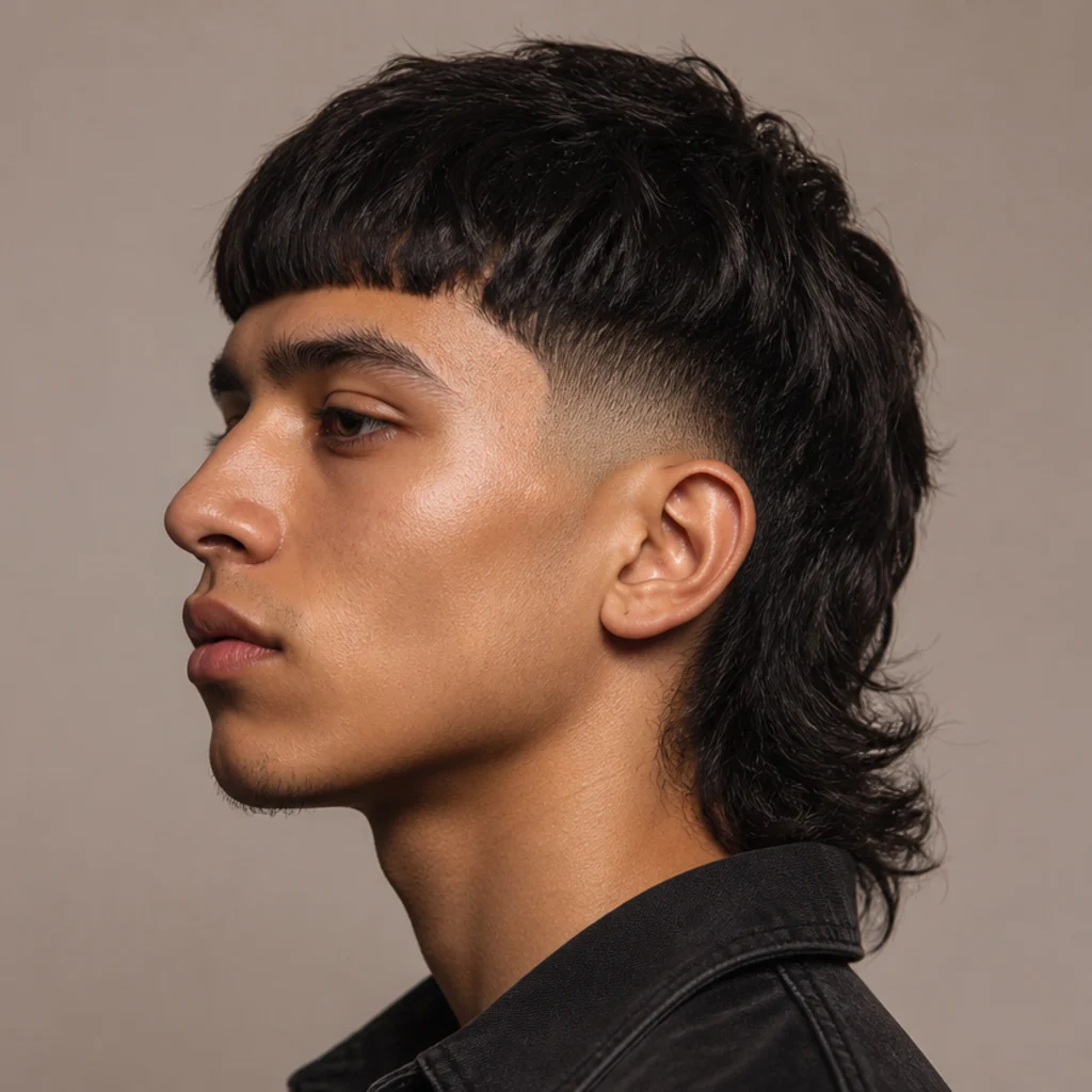 Side profile of an edgar mullet hybrid with a blunt front fringe and longer length left at the nape above faded sides on a taupe backdrop