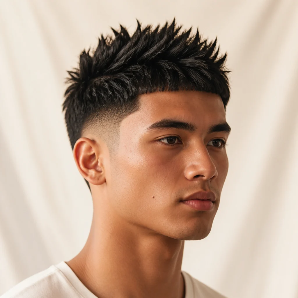 Three-quarter view of a spiky textured edgar cut with the top styled into short defined spikes above a mid fade on an ivory background