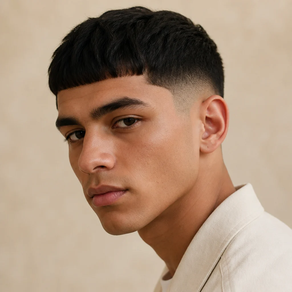 Three-quarter studio portrait of a young man with a blunt straight-across edgar fringe and a mid taper fade on warm ivory background