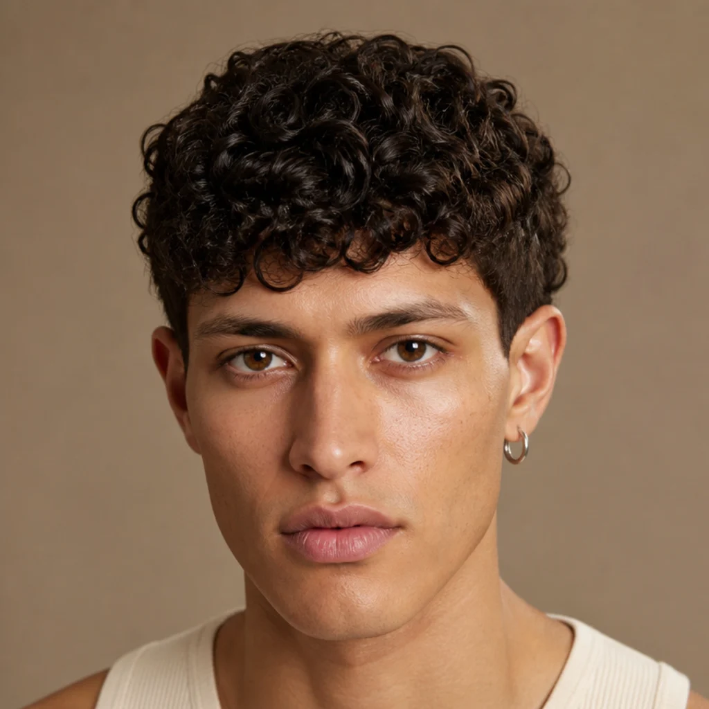Front view of a model with a classic curly edgar cut, a blunt curled fringe softened by coil texture, and cleanly tapered short sides in warm studio light