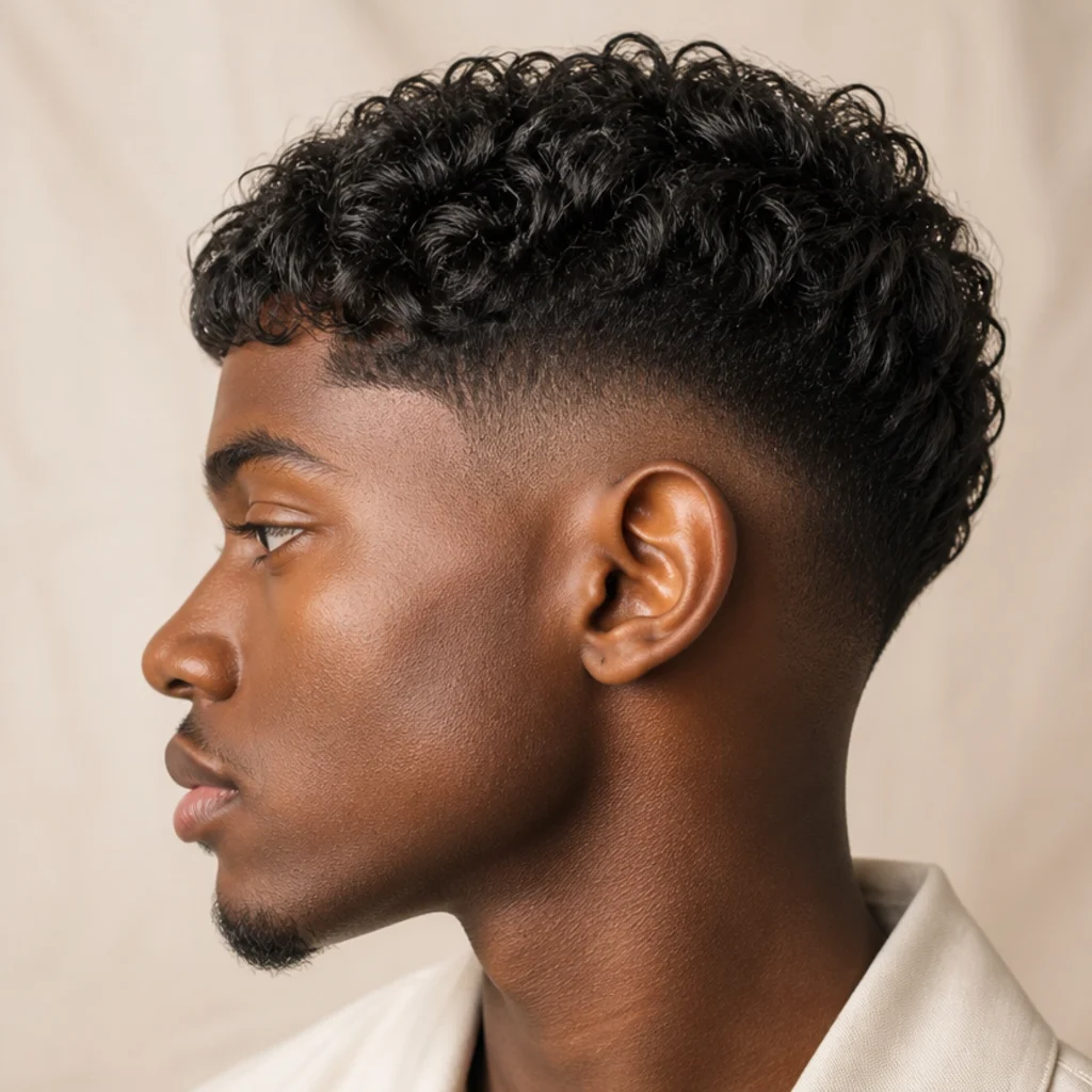 Side profile of a curly edgar cut taper fade showing a soft gradient from near-skin at the neckline up into dense curls on top