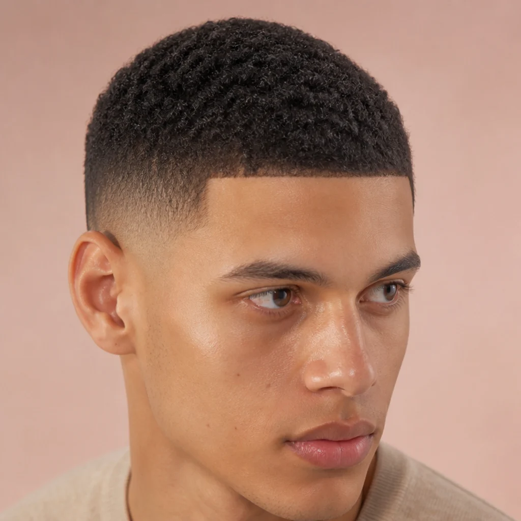 Close-up of a short curly edgar buzz cut with a blunt defined front line and low tapered sides