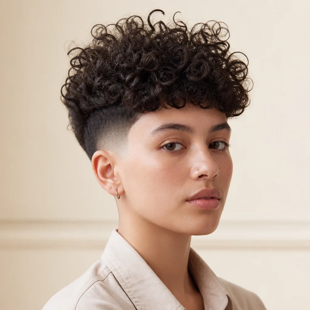 Three-quarter view of a high-volume curly edgar cut with lifted coils stacking upward on top and short faded sides