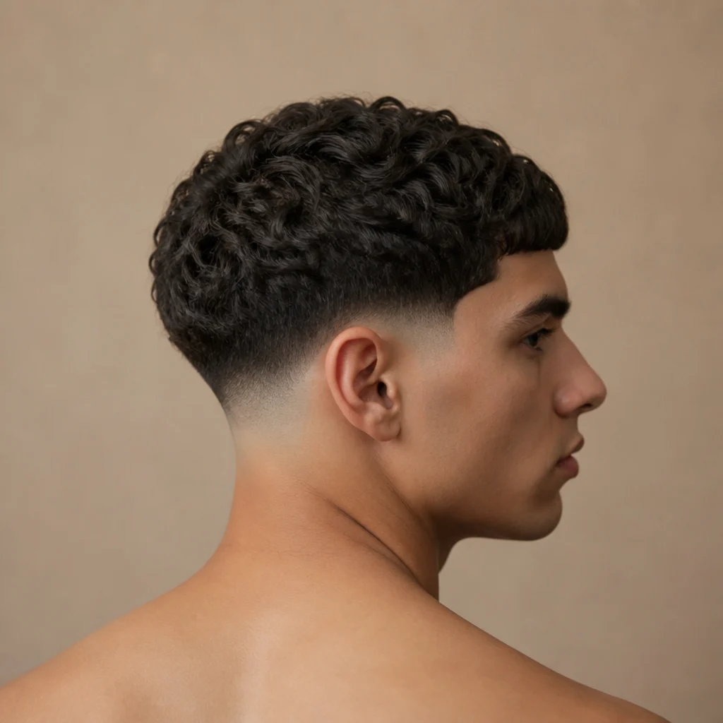 Back and side view of a low fade curly edgar with a subtle fade sitting just above the ears and dense curls preserved through the crown