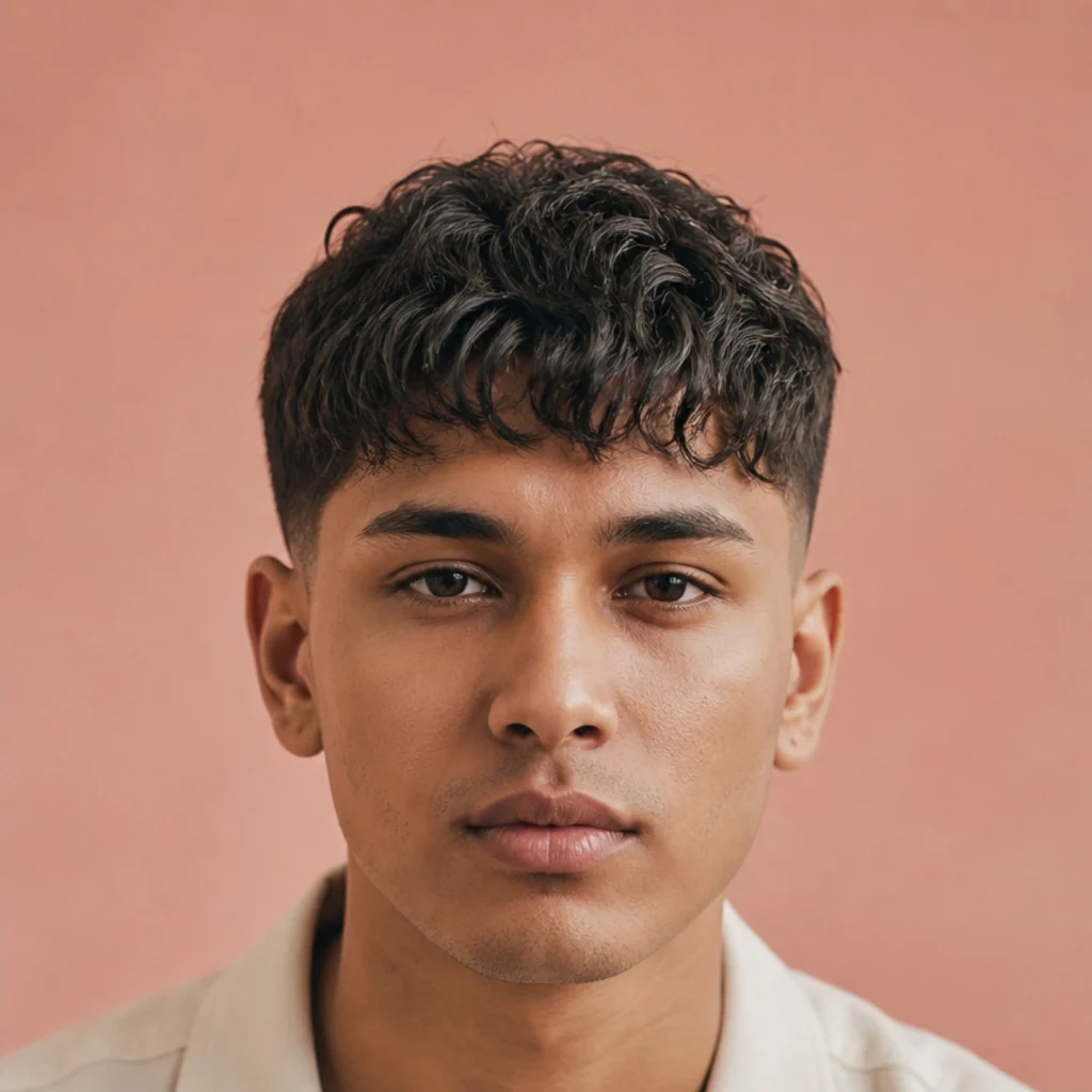 Front view of a textured crop edgar cut with piecey separated curls and a soft blunt fringe