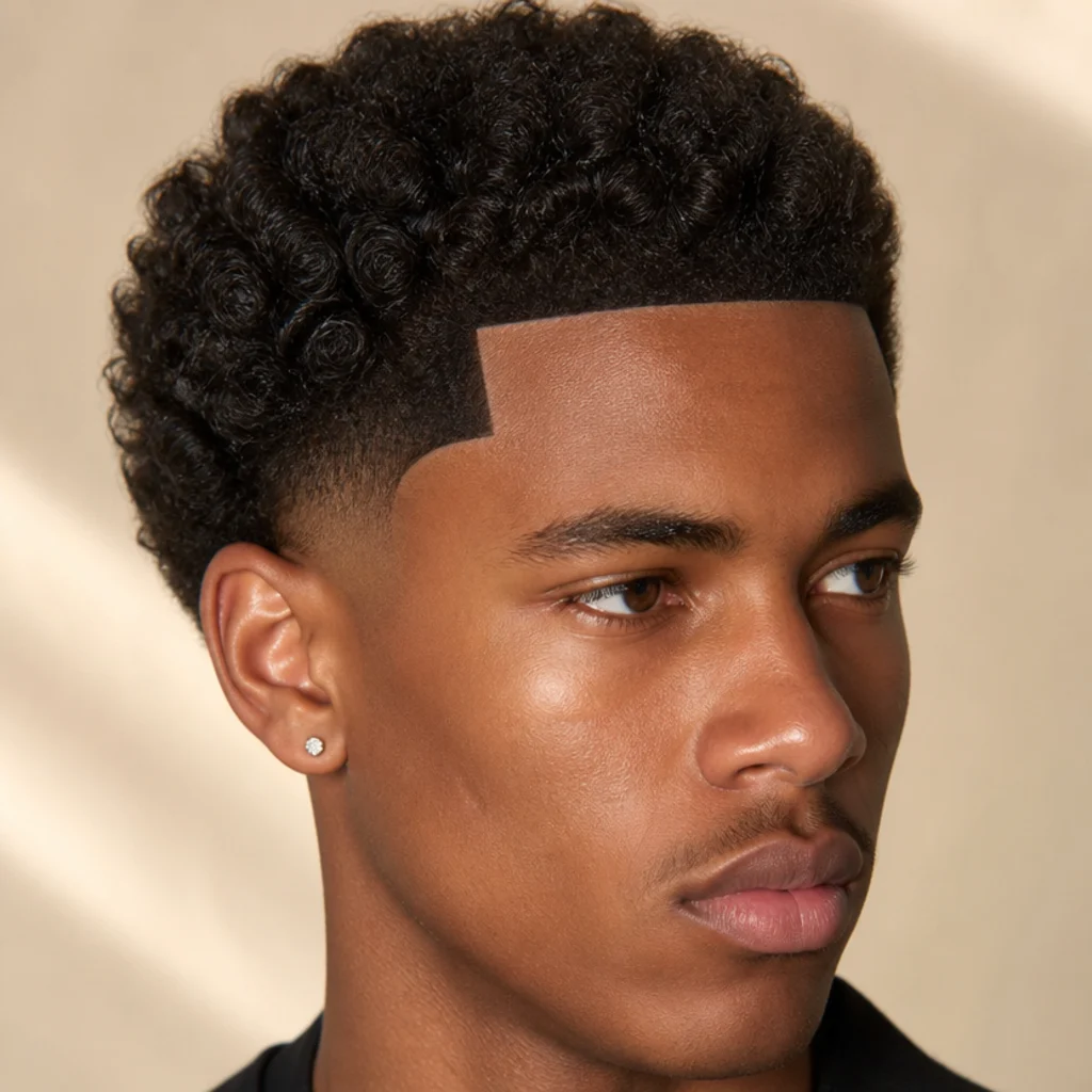 Close-up of a curly edgar cut with a sharp squared line-up carved along the forehead and temples against soft coils